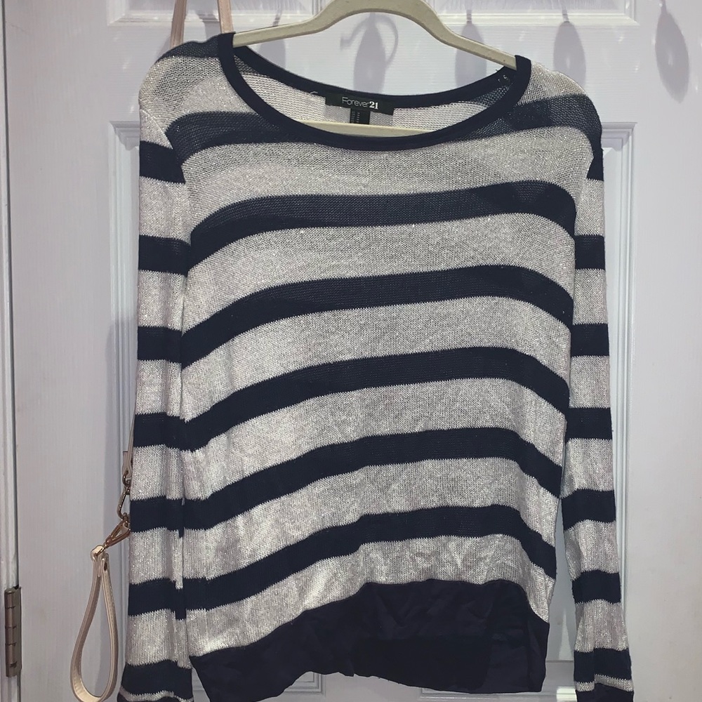 Striped navy and sparkly white long sleeve shirt